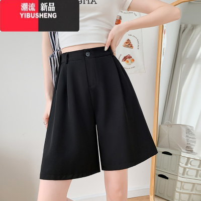 YIBUSHENG黑色西装短裤女2024新款季薄款高腰显瘦阔腿休闲裤五分中裤裤子