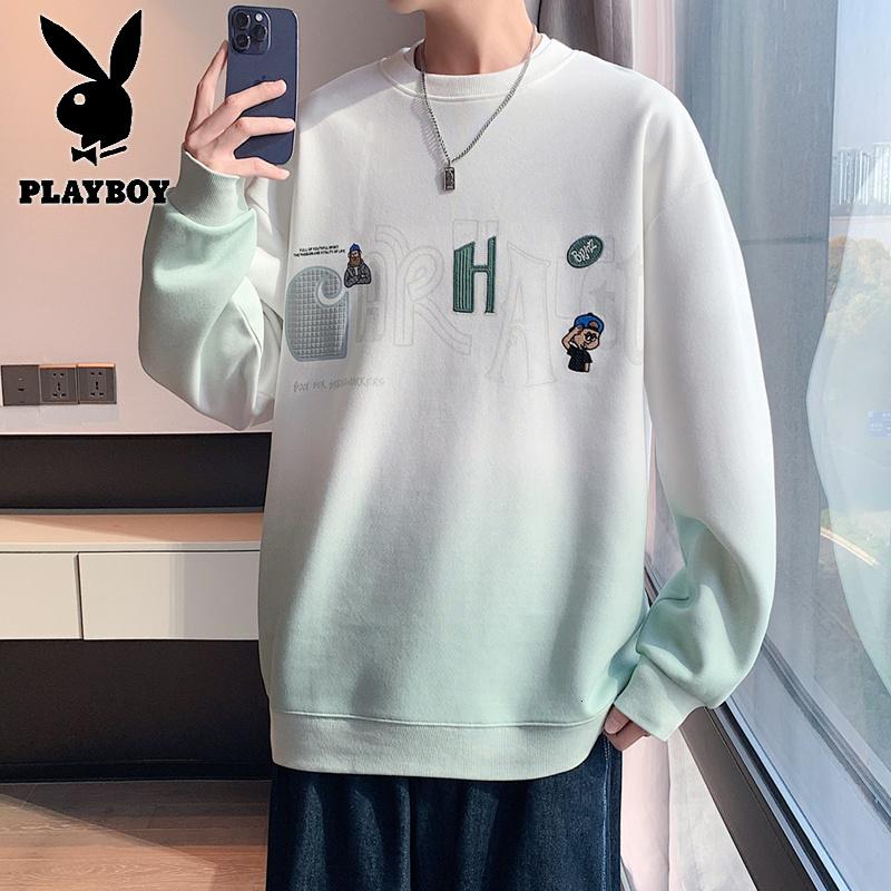 花花公子新款高品质卫衣男渐变卡通绣花青少年2025秋季学生港风宽松棉质个性上衣