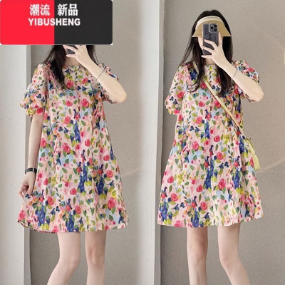 YIBUSHENG300斤大码胖MM欧洲站法式碎花短袖连衣裙女宽松甜美中长款A字裙
