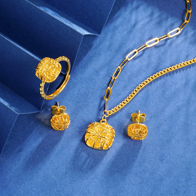 几何拉丝沙金小方糖项链耳钉戒指小众设计高级感镂空饰品婚庆饰品送女朋友老婆情人节七夕生日礼物