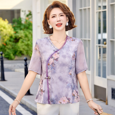 新中式妈妈装轻薄款女装小衫国风中老年女装上衣夏季短袖50岁印花