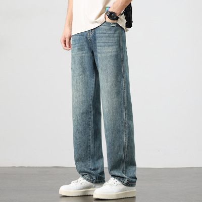 基础款直筒牛仔裤男浅蓝轻磨破裤水洗猫须百搭潮流男士休闲长裤