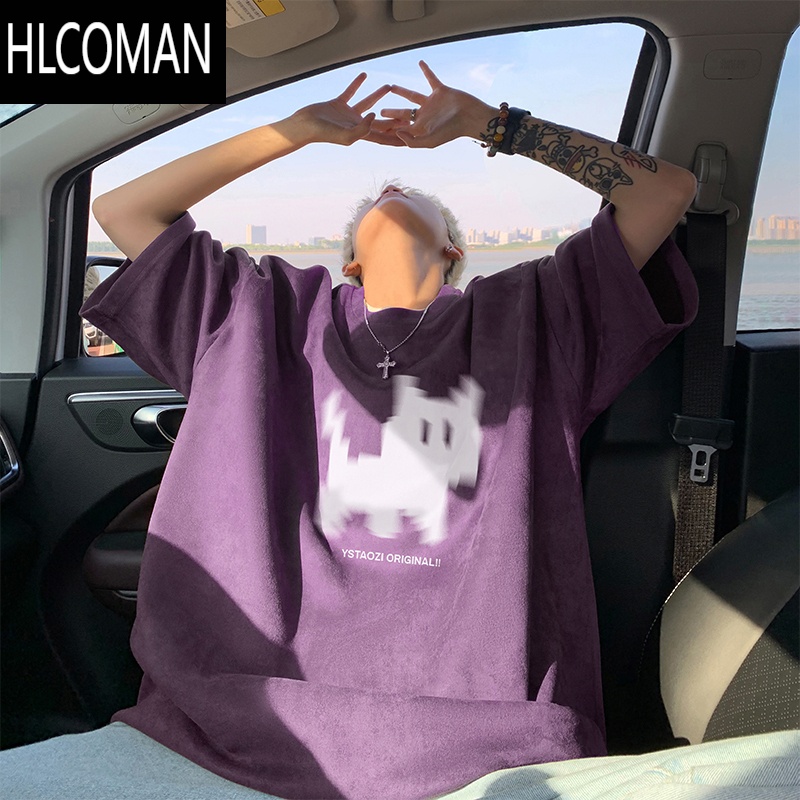 HLCOMAN乌梅紫模糊小猫短袖t恤男生夏季潮牌宽松冰丝薄款痞帅高级感半袖