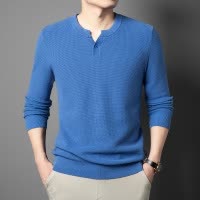 纯棉亨利领男士针织衫秋季新款纯色抗起球套头打底长袖毛衣男