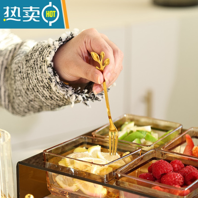 敬平高端创意家用不锈钢水果叉子儿童安全水果签收纳罐 金色树叶叉6支