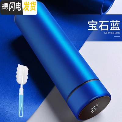 三维工匠温子感温保温杯女不锈钢简约小巧泡茶500时尚清新 水杯+杯刷[测温款]宝石蓝500