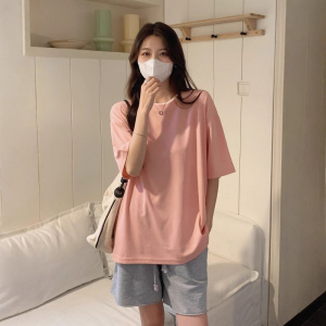 设计感华夫格短袖T恤女夏季新款宽松百搭圆领撞色假两件半袖上衣