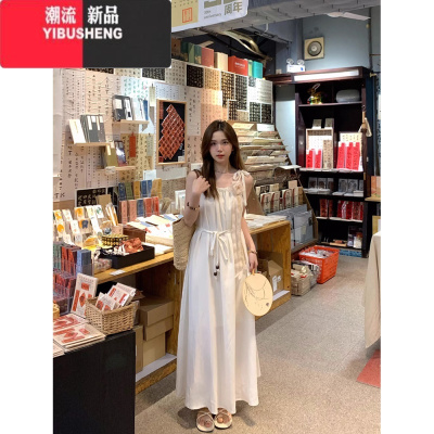 YIBUSHENG甜美初恋吊带连衣裙女季温柔风绑带收腰显瘦长裙海边度假沙滩裙