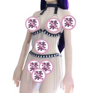 桃色缘 暴乳露胸锁链透视情趣内衣紧缚缕空肚皮舞角色扮演服饰 sm情趣用品男女用器具另 黑色缕空肚皮舞锁链紧缚衣裤(套装)