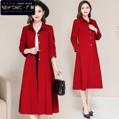 广赫妈妈装风衣女中长款红色洋气大码外套40岁50过膝中年遮肚显瘦外衣风衣