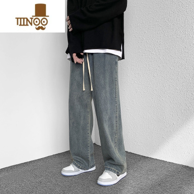 YANXU美式高街牛仔裤男新款直筒宽松潮牌阔腿裤男士黑色休闲长裤子