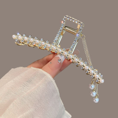 珍珠流苏水钻发夹女后脑勺盘发抓夹2023新款高级感大号鲨鱼夹头饰送女朋友老婆情人节七夕生日礼物