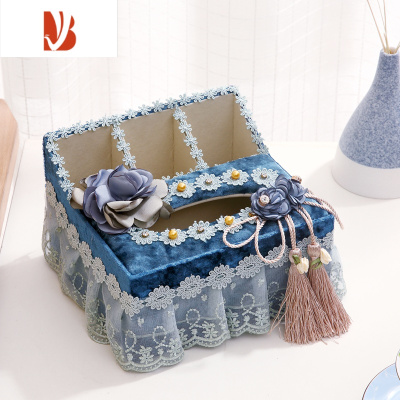 三维工匠布艺多纸巾盒抽纸盒客厅欧式遥控器收纳盒唯美流苏纸巾盒茶几 流苏款蓝色中号多功能纸巾盒