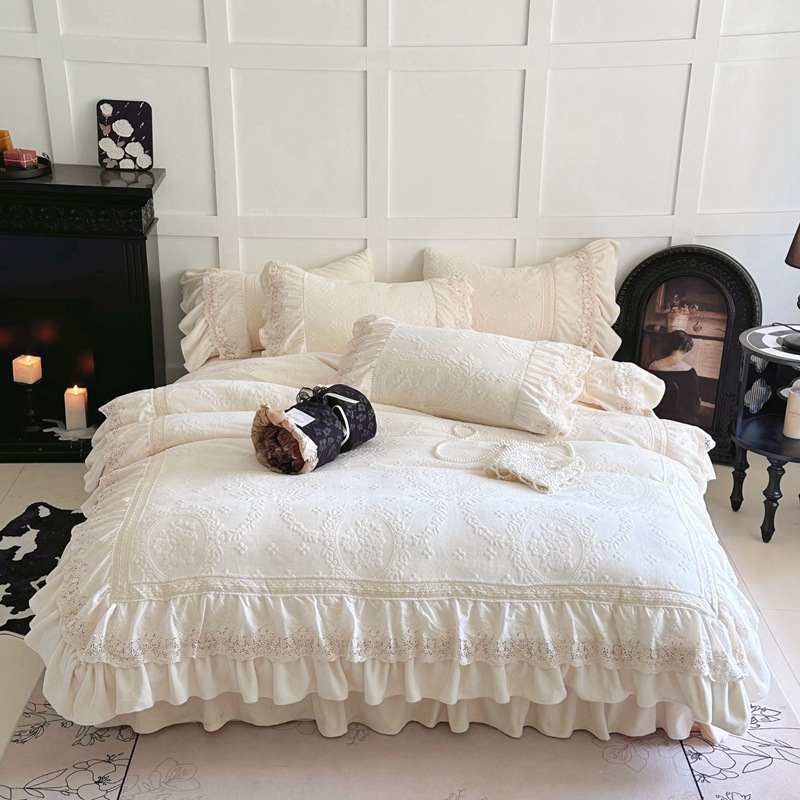 冬季法式花奶油风牛奶绒四件套加厚珊瑚绒镂空蕾丝被套公主床裙