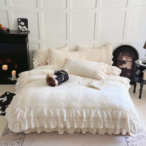 冬季法式花奶油风牛奶绒四件套加厚珊瑚绒镂空蕾丝被套公主床裙