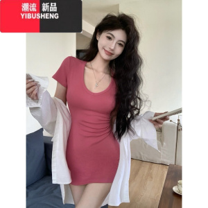 YIBUSHENG气质灰色修身u领短袖连衣裙女季包臀裙收腰显瘦性感纯欲短裙子