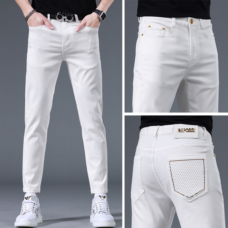 欧货牛仔裤男夏季薄款新款个性潮流弹力修身小脚白色九分裤