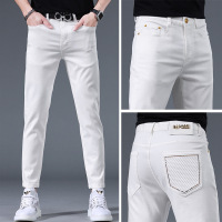欧货牛仔裤男夏季薄款新款个性潮流弹力修身小脚白色九分裤