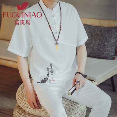 富贵鸟2021夏季新款冰丝短袖套装男士中国风刺绣仿亚麻复古风潮流休闲唐装