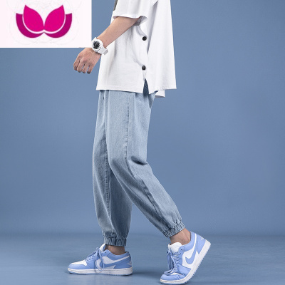 七斓松紧腰牛仔裤男2023春季潮牌宽松束脚九分裤子男生浅色休闲哈伦裤
