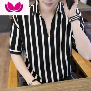 七斓2023春季男士潮流条纹衬衫商务韩版休闲上衣日常修身五分袖衬衣