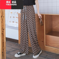 YIBUSHENG大码冰丝阔腿裤女薄款棋盘格直筒裤胖mm200斤高腰垂感休闲裤300