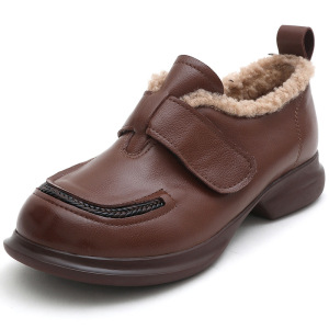 加绒真皮小皮鞋女秋冬新款圆头厚底鞋复古套脚软底四季乐福鞋