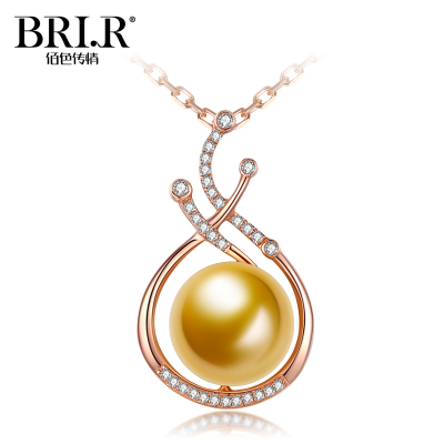 brir佰色传情10-11mm正圆强光海水珍珠南洋金珠吊坠18K金钻石正品金色