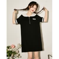 [2.5折价95元]唐狮黑色领连衣裙女夏季新款春秋小个子显瘦裙子娃娃裙e
