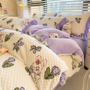 ins豆豆牛奶绒床上四件套冬季双面加绒面被套加厚珊瑚法兰绒床单