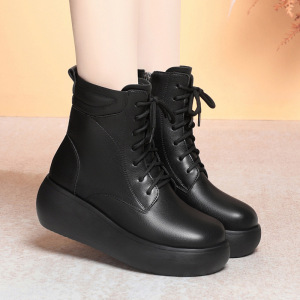 女短靴加绒妈妈鞋冬季加厚复古软皮棉靴松糕坡跟厚底女靴雪地靴女