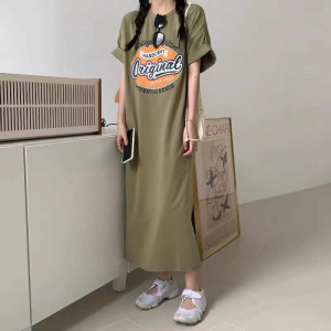 韩国大码T恤女装夏季休闲长裙开叉短袖连衣裙子中长款打底衫上衣_1
