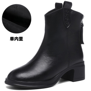 头层牛皮复古真皮圆头中跟短靴女秋冬新款软底复古骑士马丁靴