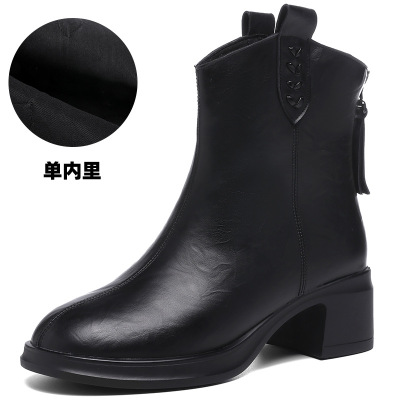 头层牛皮复古真皮圆头中跟短靴女秋冬新款软底复古骑士马丁靴