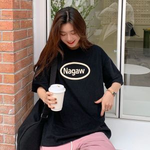 含棉宽松显瘦中长款字母印花短袖T恤女装夏季新款宽松BF风上衣潮