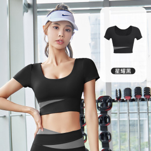 拼接健身服套装露脐短袖套装高腰提臀跑步运动健身套装_990