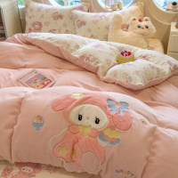 高克重牛奶绒卡通刺绣四件套冬季加厚珊瑚绒绣花被套床上用品套件