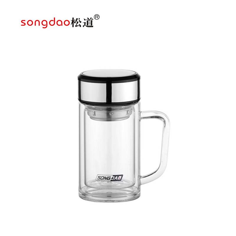 松道 玻璃杯 双层玻璃杯双层玻璃水杯带盖耐高温茶水分离便携旅行杯泡茶杯SD199系列亮色320ML