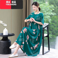 YIBUSHENG2024新款天高端棉绸连衣裙宽松遮肚气质妈妈大码人造棉碎花长裙