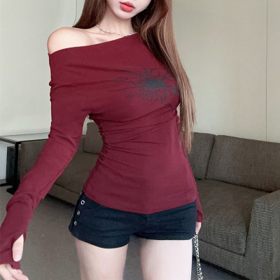 纯欲辣妹性感斜肩上衣女网红INS美式红色长袖T恤一字肩打底衫内搭