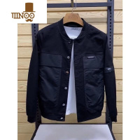 YANXU春季新款系扣圆领牛仔外套男士拼接休闲工装百搭夹克简约黑色上衣