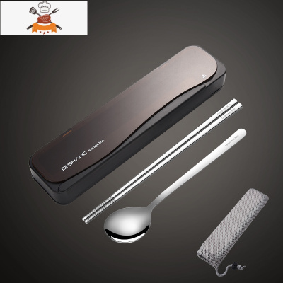 筷子勺子套装餐具盒便携学生单人装三件套不锈钢叉子外带收纳盒 经典黑-本钢色筷勺 敬平