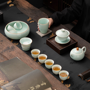 苏氏陶瓷(SUSHI CERAMICS)汝窑卵青 开片可养金线三才盖碗茶壶茶洗8茶杯大套组高档礼盒装