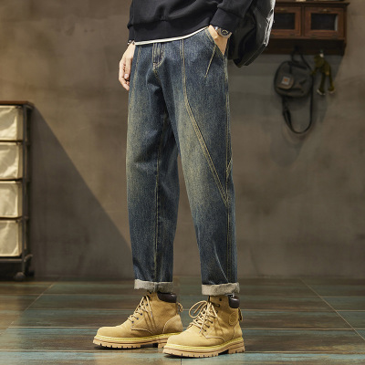 潮牌锥形牛仔裤 男款重工拼接做旧 春季复古水洗休闲长裤