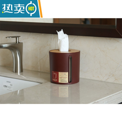 敬平家用纸巾盒塑料卷纸筒竹盖卫生纸巾盒桌面可侧拉抽纸盒收纳卷纸盒 红色