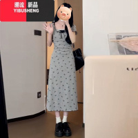 YIBUSHENG灰色波点蝴蝶结假两件连衣裙子女季2024新款设计感小众碎花长裙