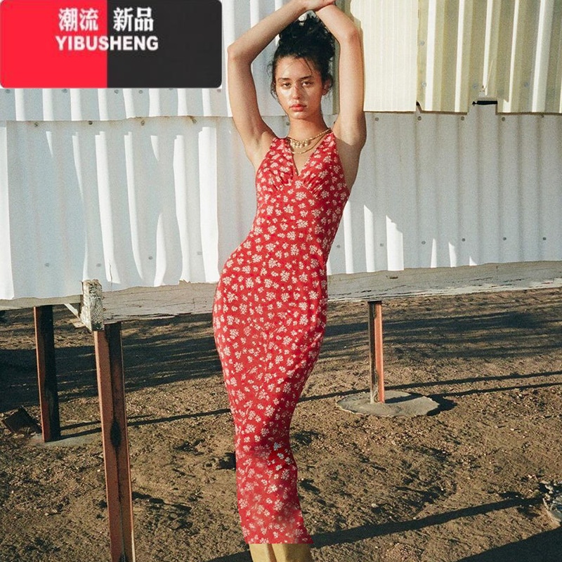 YIBUSHENG 法式复古风时尚无袖碎花连衣裙欧美辣妹深v露背修身长裙