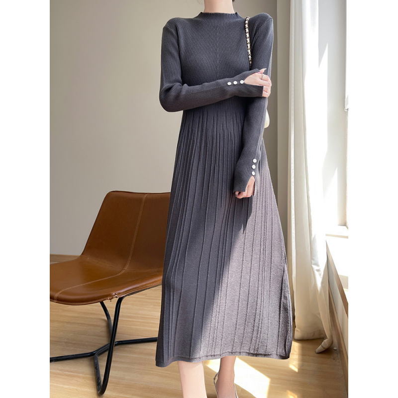 新款安迪绒针织连衣裙女自带领通勤气质休闲纯色简约套头A字长裙