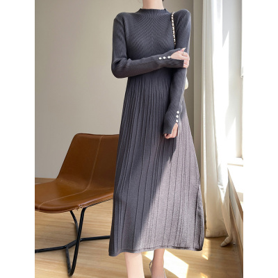 新款安迪绒针织连衣裙女自带领通勤气质休闲纯色简约套头A字长裙
