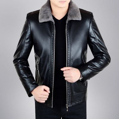 秋冬季中老年男士皮衣男外套加绒加厚皮毛一体翻领爸爸装夹克诺妮梦